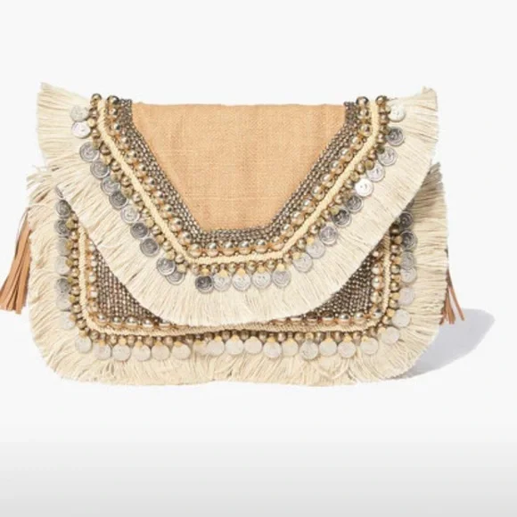 SHASHI Fringe Embellished Clutch - Tan and Silver - Picture 1 of 5